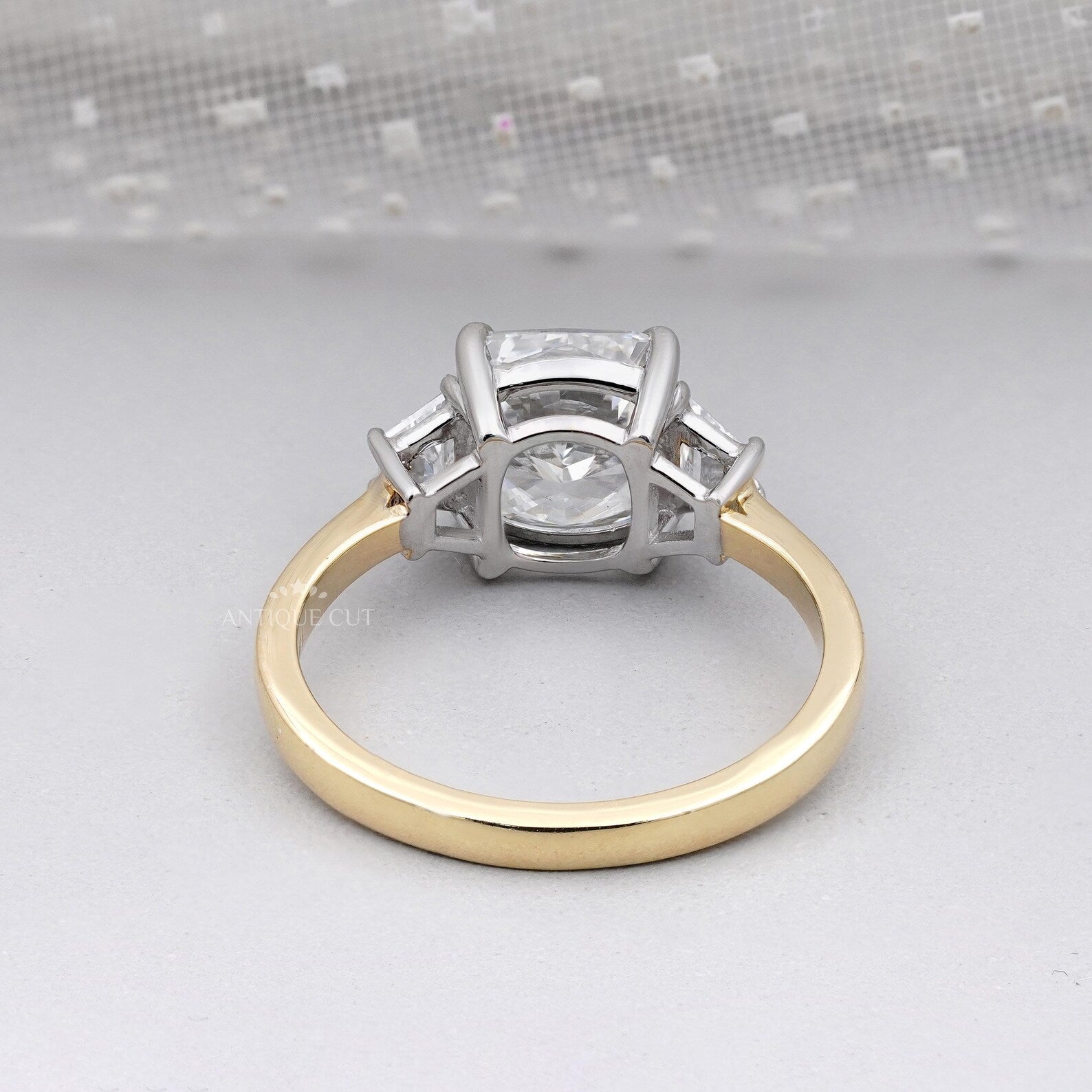 Cushion Cut 3.10tcw Lab-Grown Diamond Three-Stone Ring | Baguette Side Stones | Two-Tone Gold Setting | IGI Certified