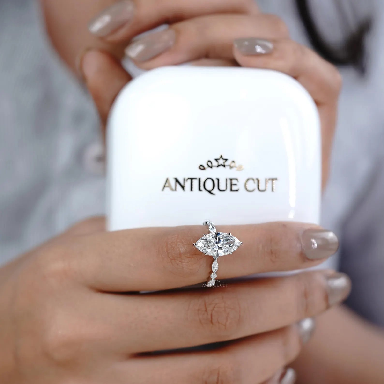 3.00ct Marquise Engagement Ring with 0.60ct Marquise & Round Side Stones | Unique Diamond Halo Ring | White Gold Marquise Solitaire