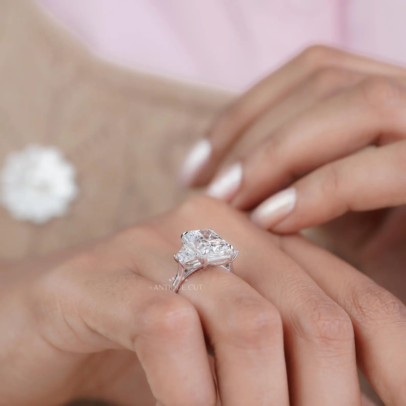 Radiant 5.97tcw Lab Grown Diamond Three-Stone Engagement Ring | Trapezoid Side Stones | D–F Color | VVS–VS Clarity