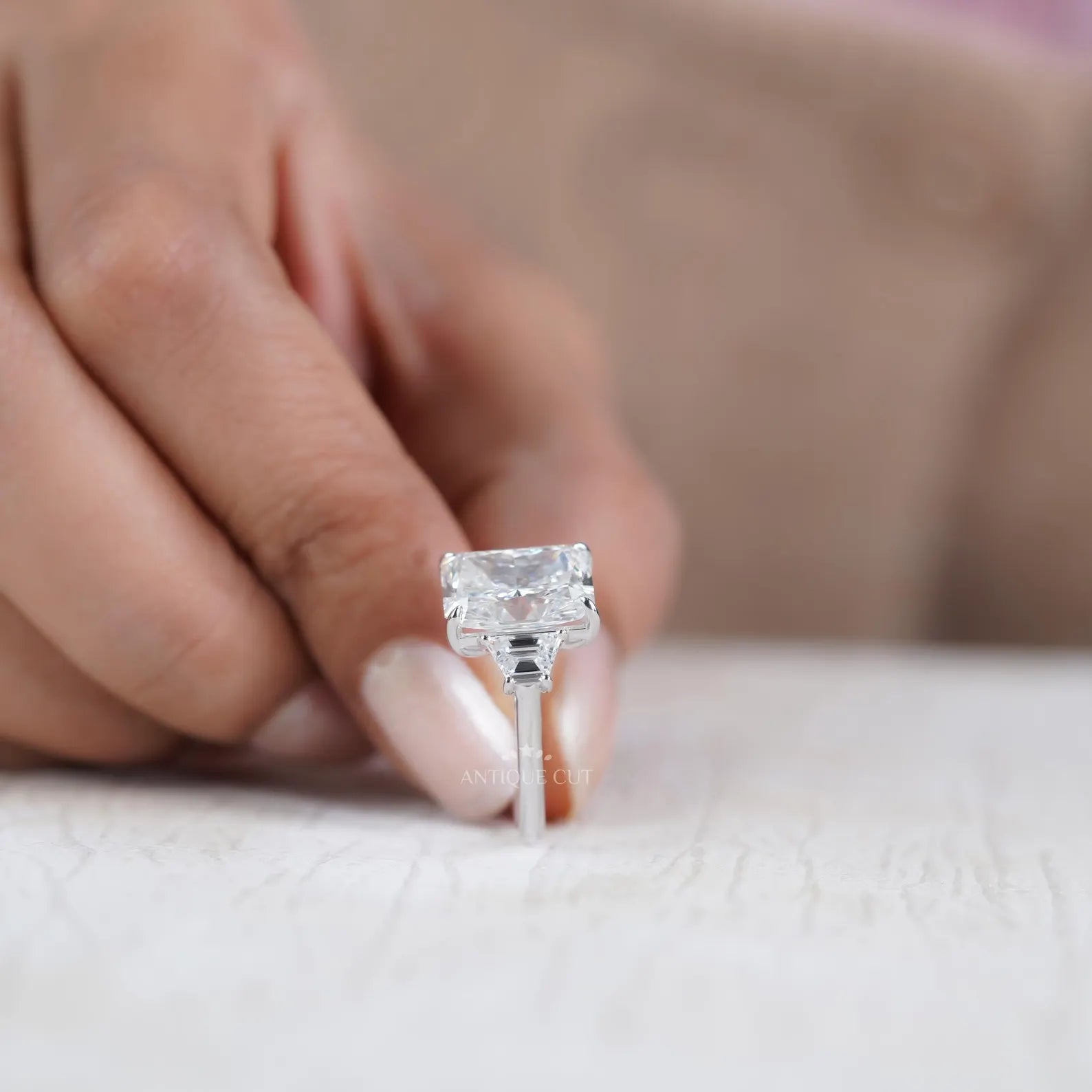 Radiant 5.97tcw Lab Grown Diamond Three-Stone Engagement Ring | Trapezoid Side Stones | D–F Color | VVS–VS Clarity