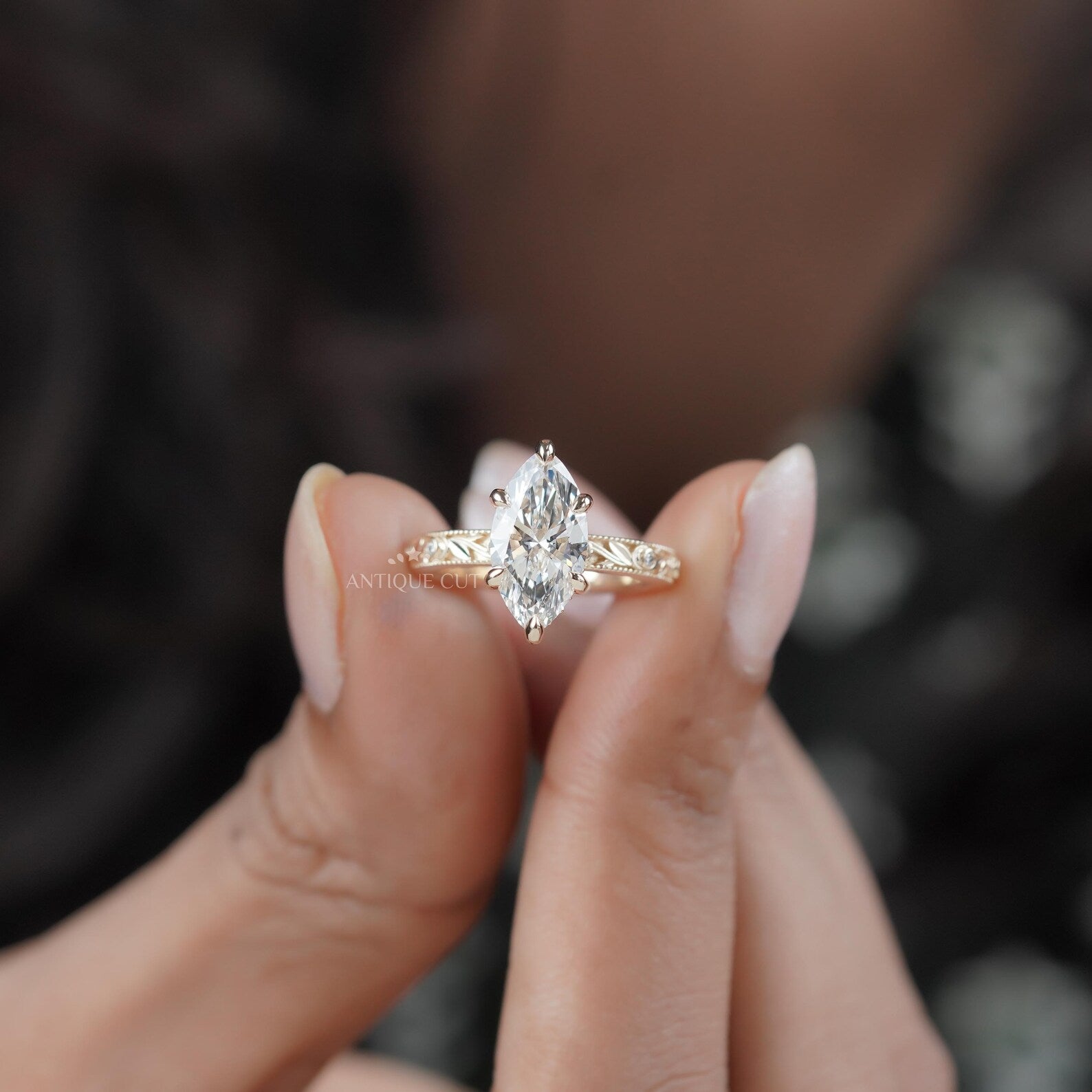 Marquise 2.25tcw Lab Grown Diamond Vintage Engagement Ring | Hand-Engraved Band | DEF Color | VVS-VS Clarity