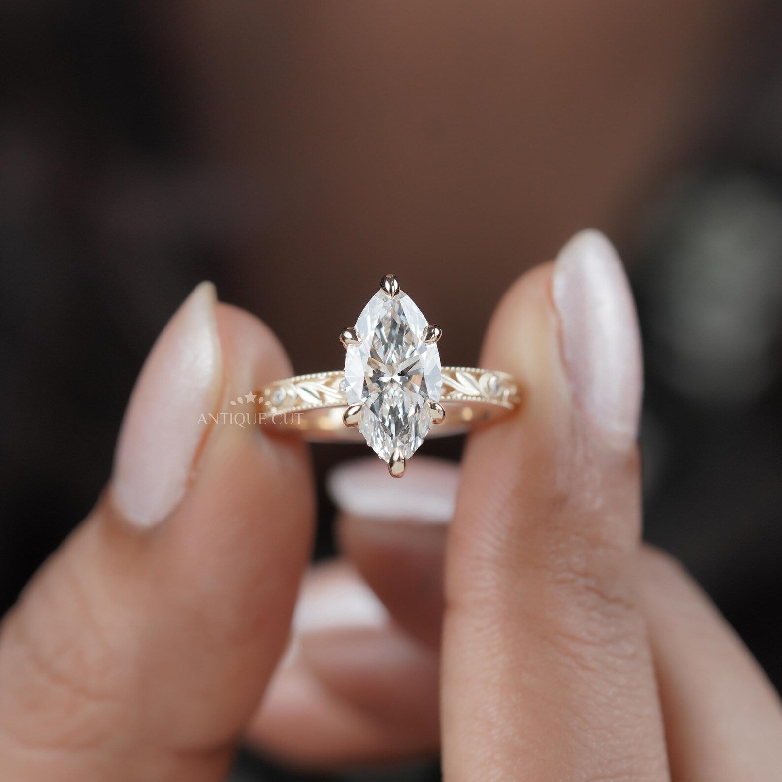 Marquise 2.25tcw Lab Grown Diamond Vintage Engagement Ring | Hand-Engraved Band | DEF Color | VVS-VS Clarity