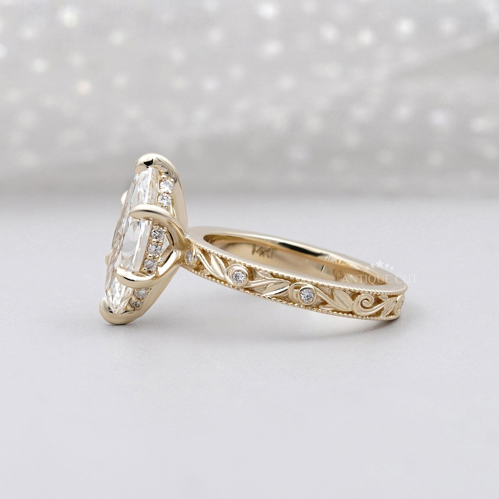 Marquise 2.25tcw Lab Grown Diamond Vintage Engagement Ring | Hand-Engraved Band | DEF Color | VVS-VS Clarity