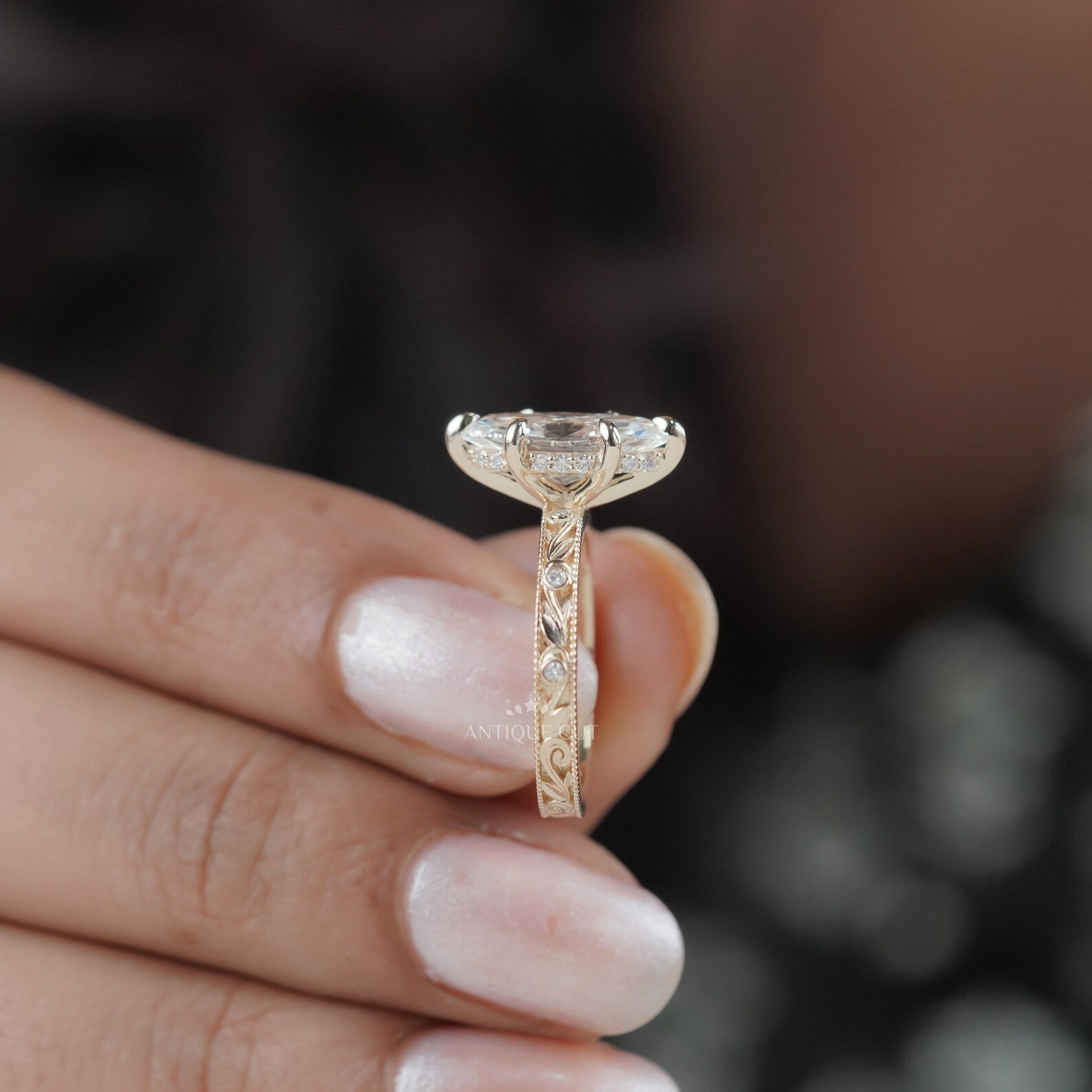 Marquise 2.25tcw Lab Grown Diamond Vintage Engagement Ring | Hand-Engraved Band | DEF Color | VVS-VS Clarity