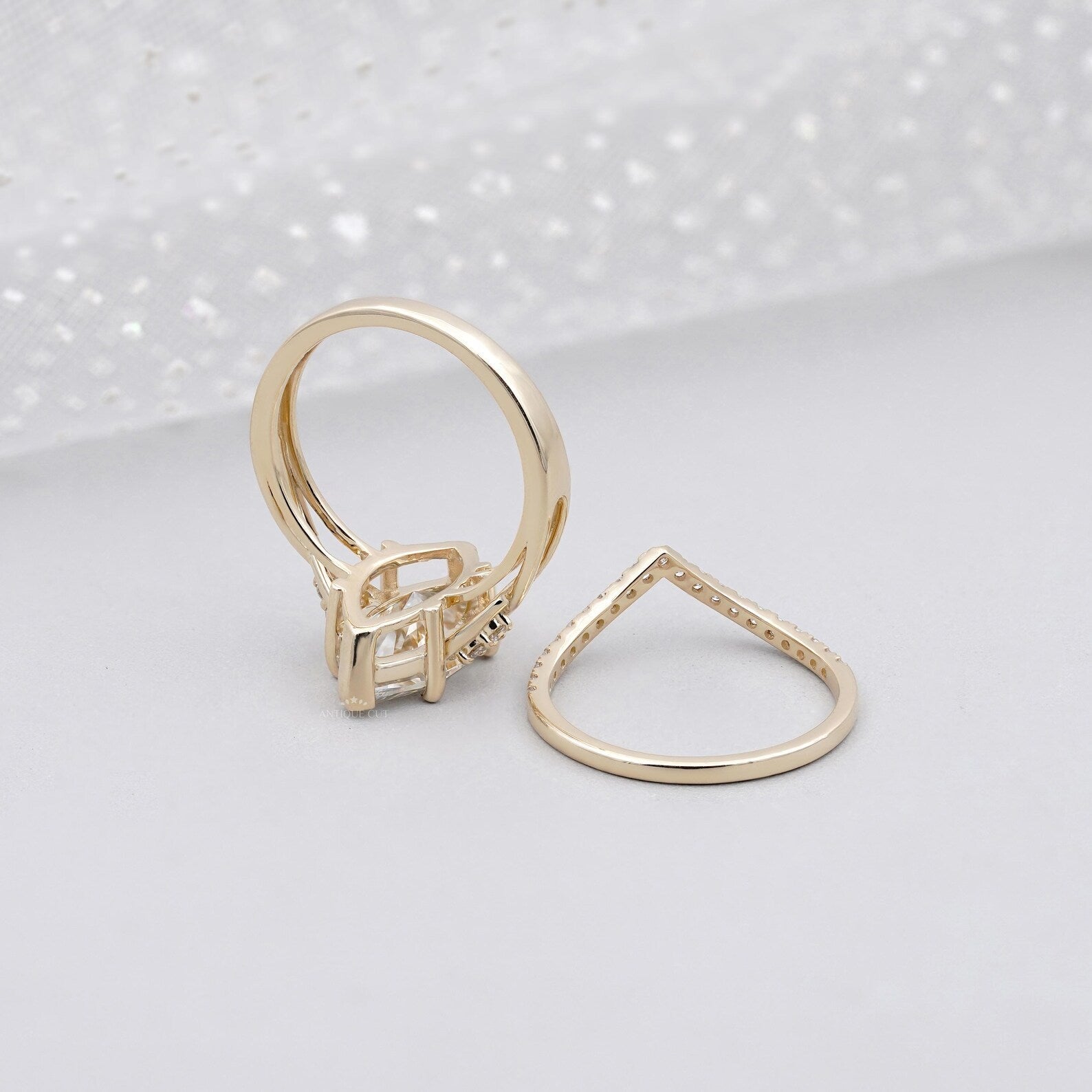 Marquise Cut Ring Duo • 3.00ct Center • Matching V Band with 0.10ct Side Accents