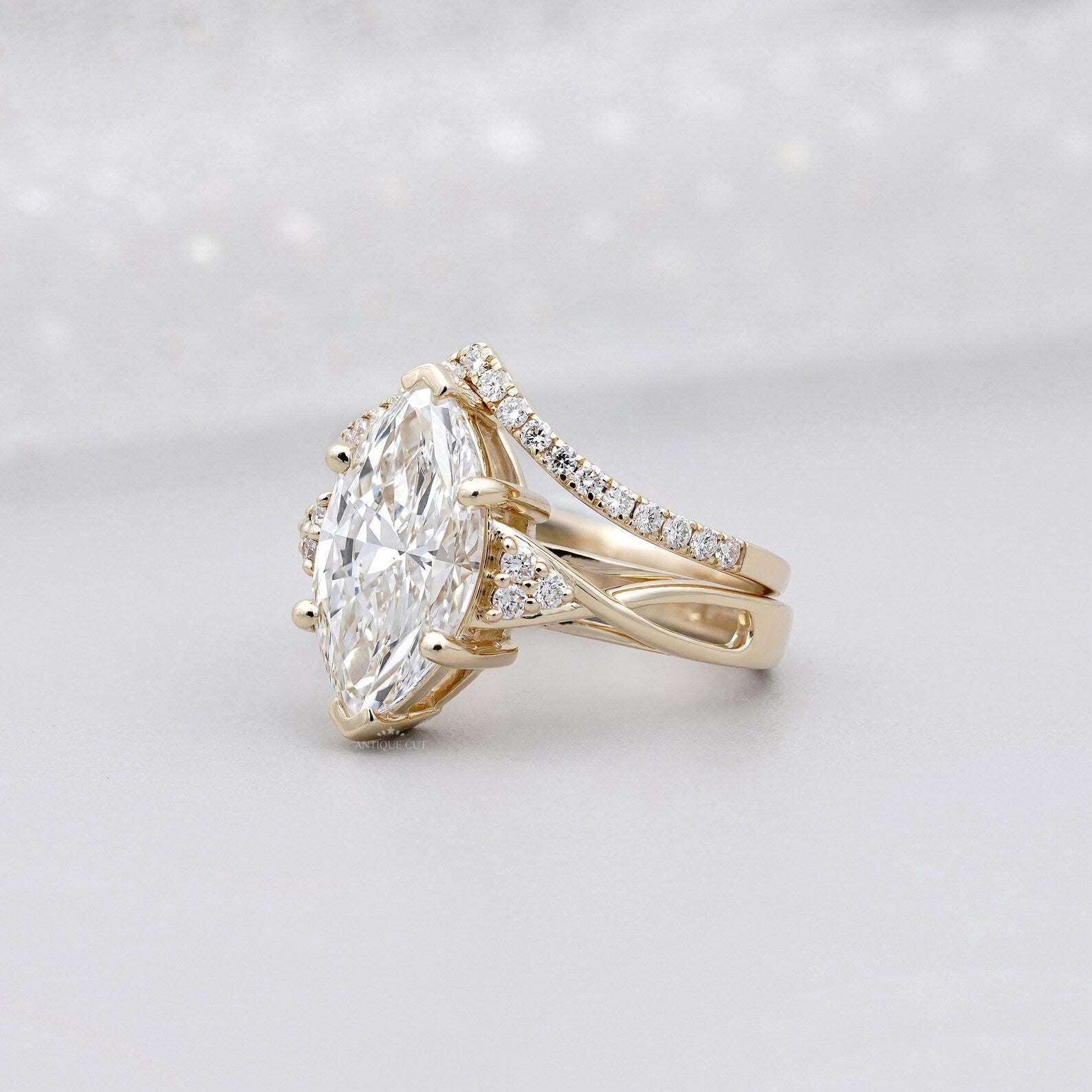 Marquise Cut Ring Duo • 3.00ct Center • Matching V Band with 0.10ct Side Accents