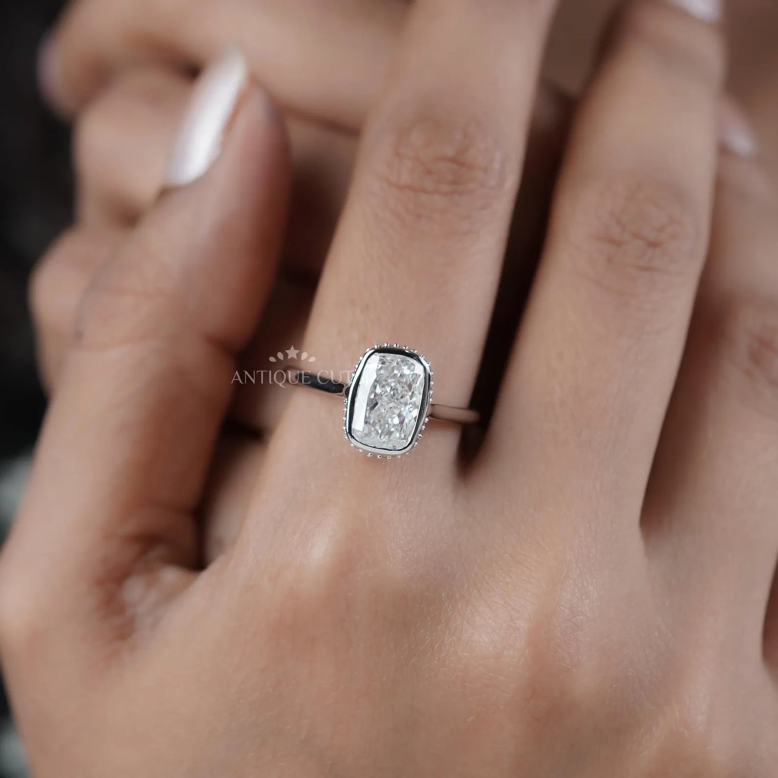 Cushion 3.20tcw Lab Grown Diamond Engagement Ring | Bezel Halo Setting | DEF Color | VVS–VS Clarity