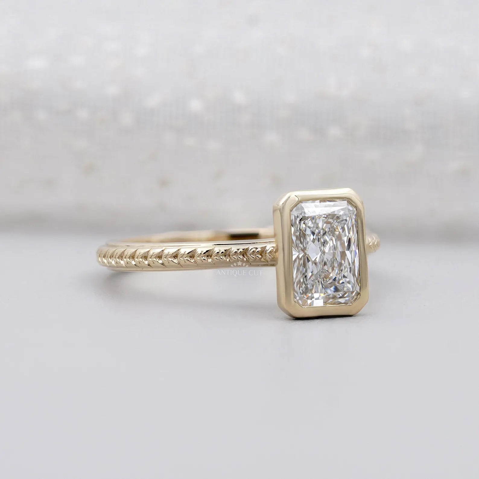 2.00ct Radiant Cut Bezel Engagement Ring in 14k Gold | Hand Engraved Band | Radiant Solitaire Ring | Minimalist Radiant Engagement Ring