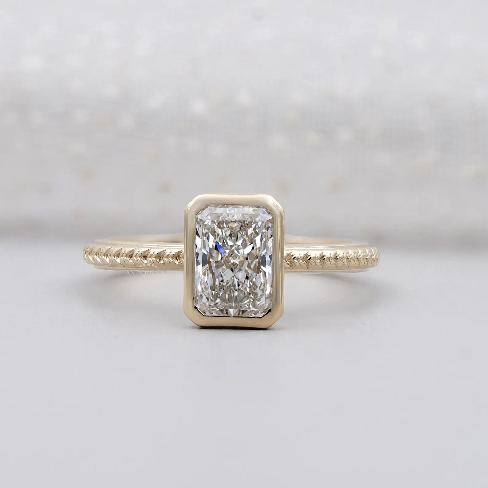 2.00ct Radiant Cut Bezel Engagement Ring in 14k Gold | Hand Engraved Band | Radiant Solitaire Ring | Minimalist Radiant Engagement Ring