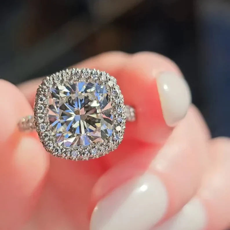 Cushion 5.50tcw Lab Diamond Pave Halo Ring | D-E-F VVS-VS | Rose Gold | IGI Certified