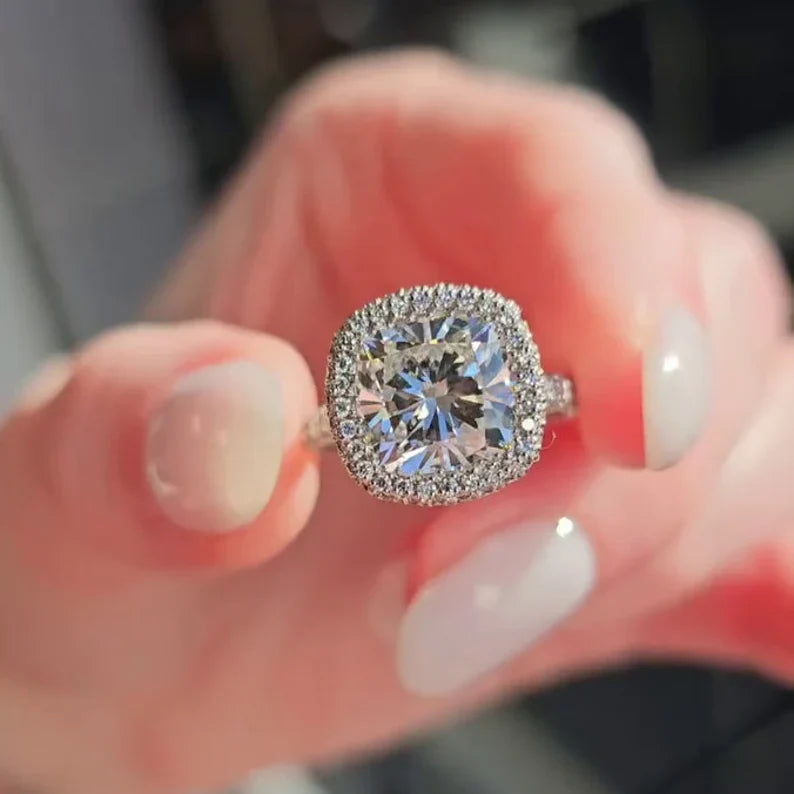 Cushion 5.50tcw Lab Diamond Pave Halo Ring | D-E-F VVS-VS | Rose Gold | IGI Certified