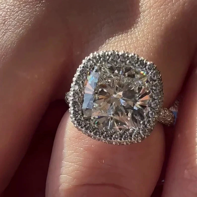 Cushion 5.50tcw Lab Diamond Pave Halo Ring | D-E-F VVS-VS | Rose Gold | IGI Certified