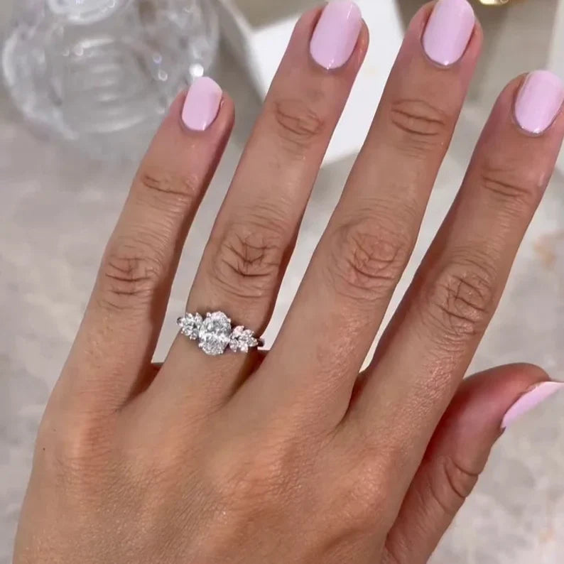 Oval 2.00tcw Lab Diamond Ring | Marquise Side Stones | IGI Certified | DEF VVS–VS