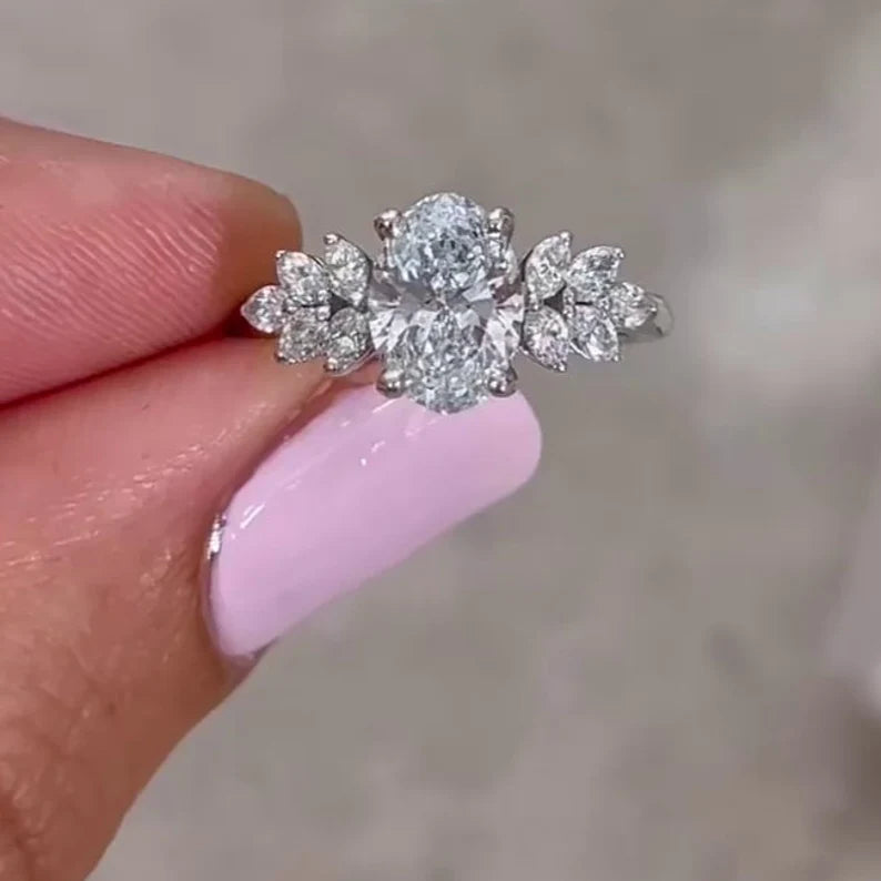 Oval 2.00tcw Lab Diamond Ring | Marquise Side Stones | IGI Certified | DEF VVS–VS