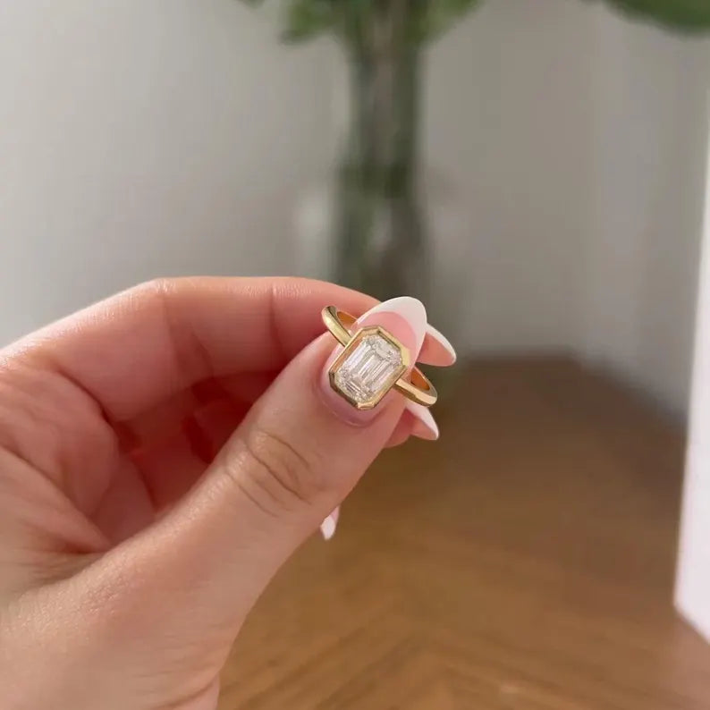 2.00ct Emerald Lab Grown Diamond Bezel Set Engagement Ring | Basket Style | IGI Certified | Yellow Gold