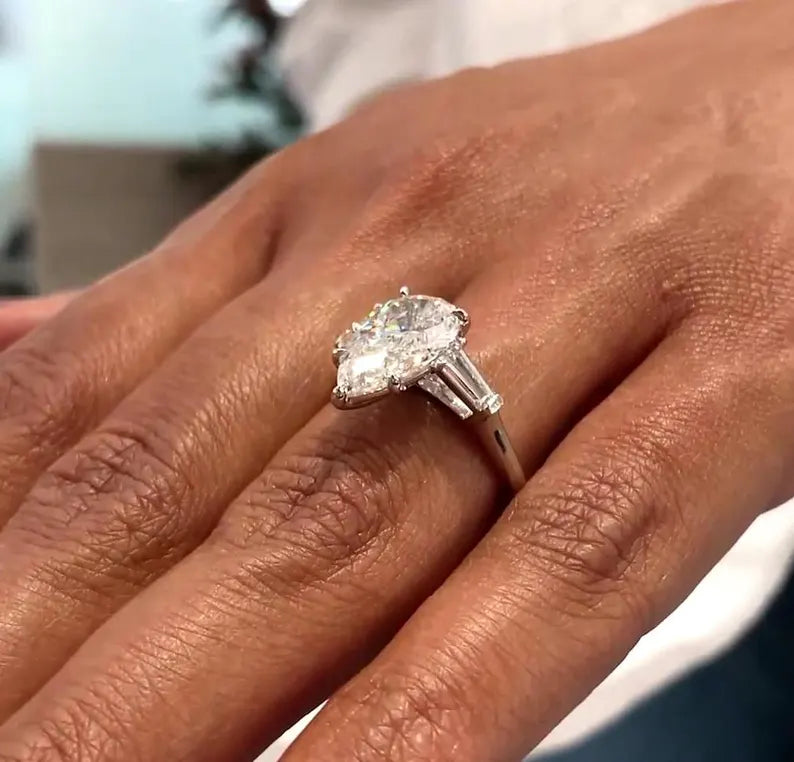 Pear Lab Diamond Ring with Tapered Baguettes | 3.60tcw Three Stone Engagement Ring | VVS–VS Clarity | Sustainable | IGI Certified