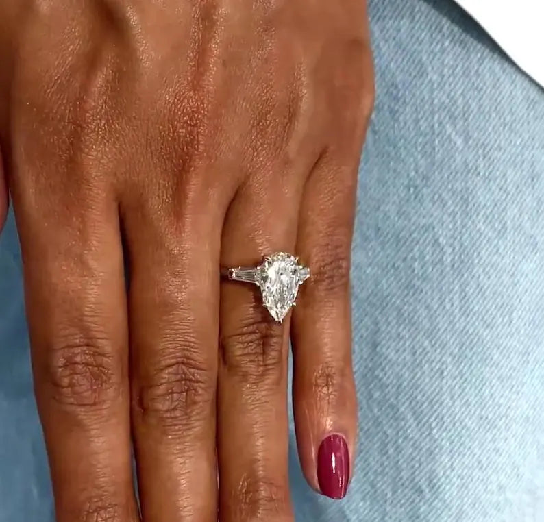 Pear Lab Diamond Ring with Tapered Baguettes | 3.60tcw Three Stone Engagement Ring | VVS–VS Clarity | Sustainable | IGI Certified