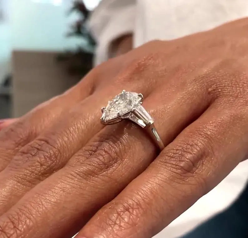 Pear Lab Diamond Ring with Tapered Baguettes | 3.60tcw Three Stone Engagement Ring | VVS–VS Clarity | Sustainable | IGI Certified