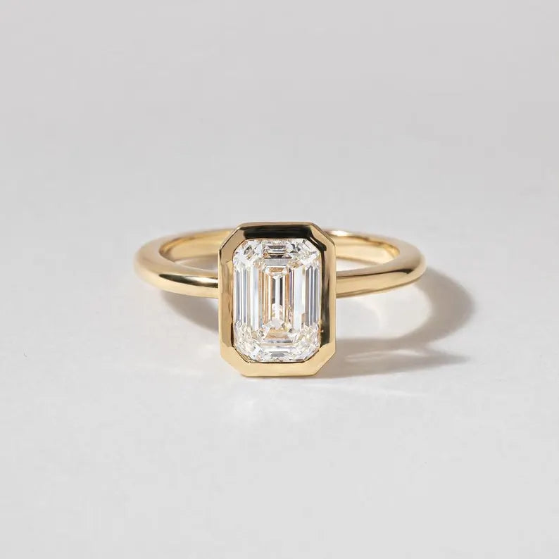 2.00ct Emerald Lab Grown Diamond Bezel Set Engagement Ring | Basket Style | IGI Certified | Yellow Gold