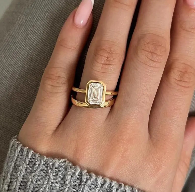 2.00ct Emerald Lab Grown Diamond Bezel Set Engagement Ring | Basket Style | IGI Certified | Yellow Gold