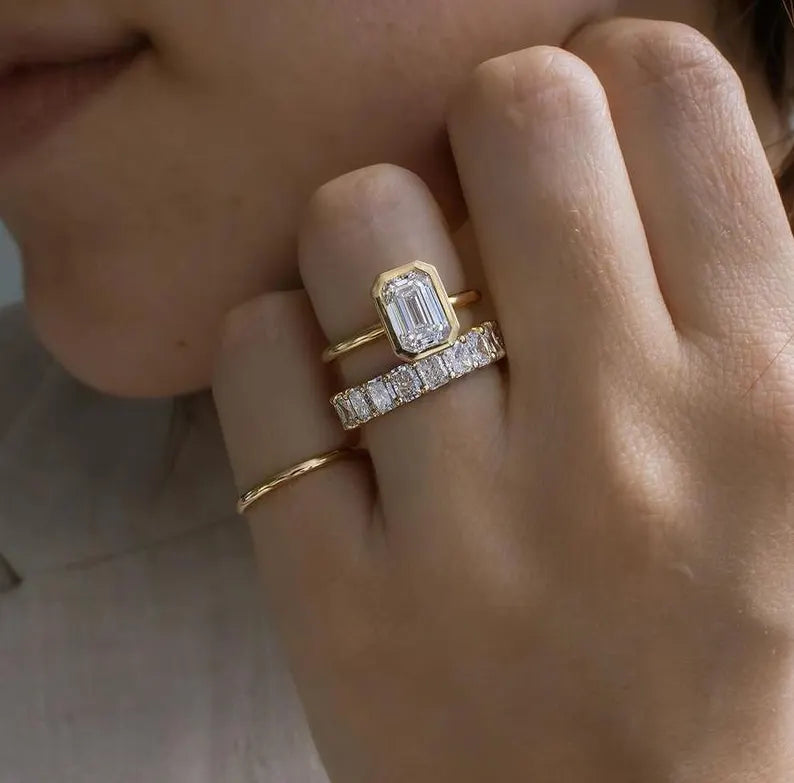 2.00ct Emerald Lab Grown Diamond Bezel Set Engagement Ring | Basket Style | IGI Certified | Yellow Gold