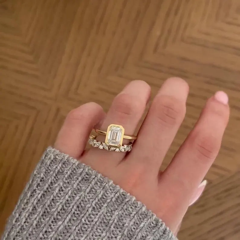 2.00ct Emerald Lab Grown Diamond Bezel Set Engagement Ring | Basket Style | IGI Certified | Yellow Gold