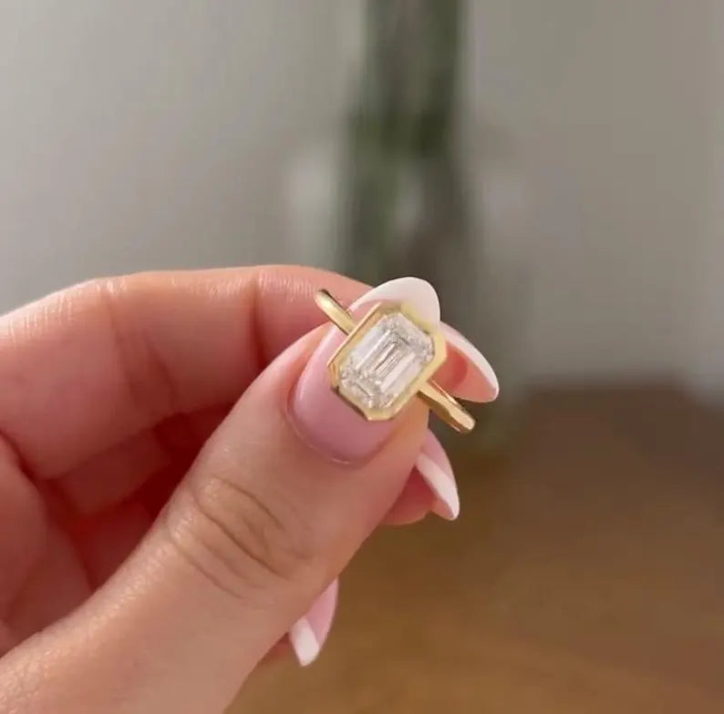 2.00ct Emerald Lab Grown Diamond Bezel Set Engagement Ring | Basket Style | IGI Certified | Yellow Gold