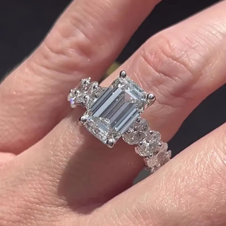 Emerald and Oval Diamond Engagement Ring | 9.00tcw Lab Grown Diamonds | Scalloped Design | Ethical & IGI Certified