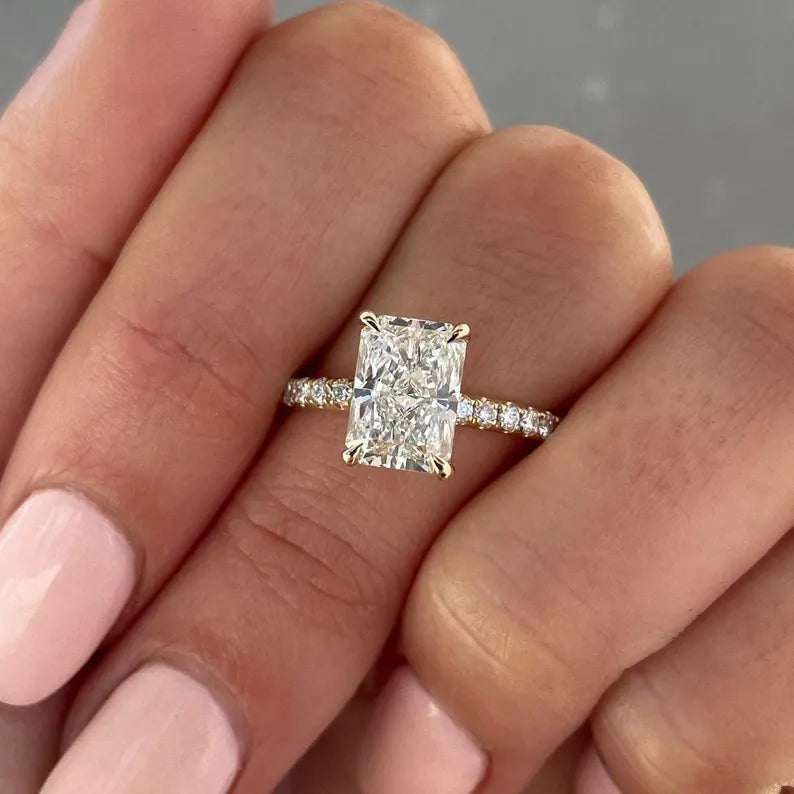 Radiant Cut 3.30tcw Lab Diamond Ring | IGI Certified | Hidden Halo & Yellow Gold Pave Band