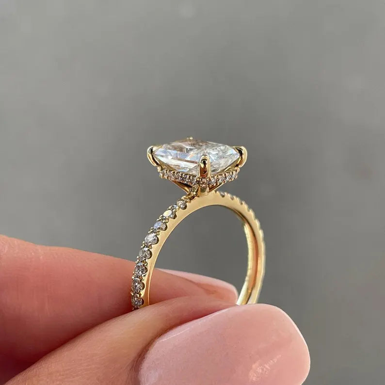 Radiant Cut 3.30tcw Lab Diamond Ring | IGI Certified | Hidden Halo & Yellow Gold Pave Band