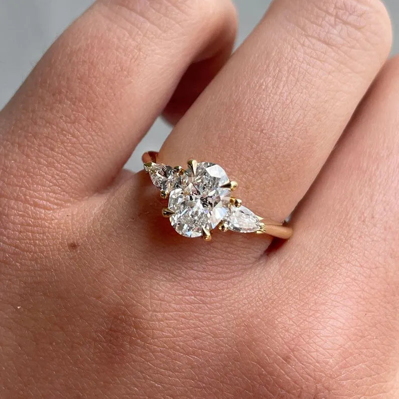 Oval 2.00tcw Lab Diamond Three Stone Ring with Pear Sides | IGI Certified | D-E-F VVS–VS