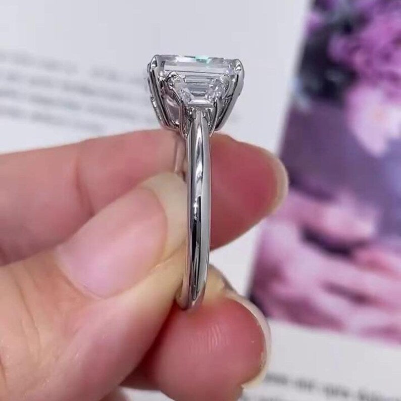 Asscher 5.40tcw Lab Diamond Ring | Trapezoid Side Stones | Three Stone | IGI Certified