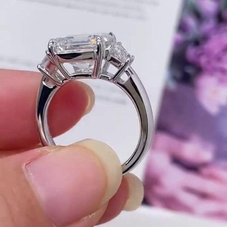 Asscher 5.40tcw Lab Diamond Ring | Trapezoid Side Stones | Three Stone | IGI Certified