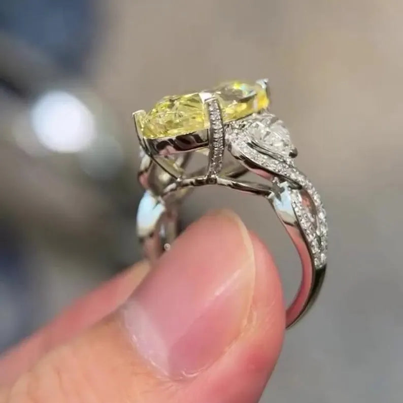 Oval Fancy Yellow 10.50tcw Lab Diamond Pave Ring | IGI | Three Stone | VVS–VS Clarity