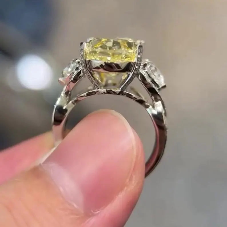 Oval Fancy Yellow 10.50tcw Lab Diamond Pave Ring | IGI | Three Stone | VVS–VS Clarity