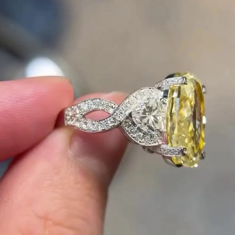 Oval Fancy Yellow 10.50tcw Lab Diamond Pave Ring | IGI | Three Stone | VVS–VS Clarity