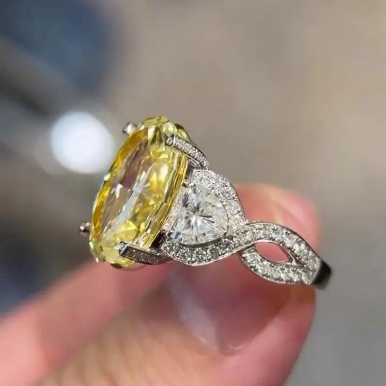 Oval Fancy Yellow 10.50tcw Lab Diamond Pave Ring | IGI | Three Stone | VVS–VS Clarity