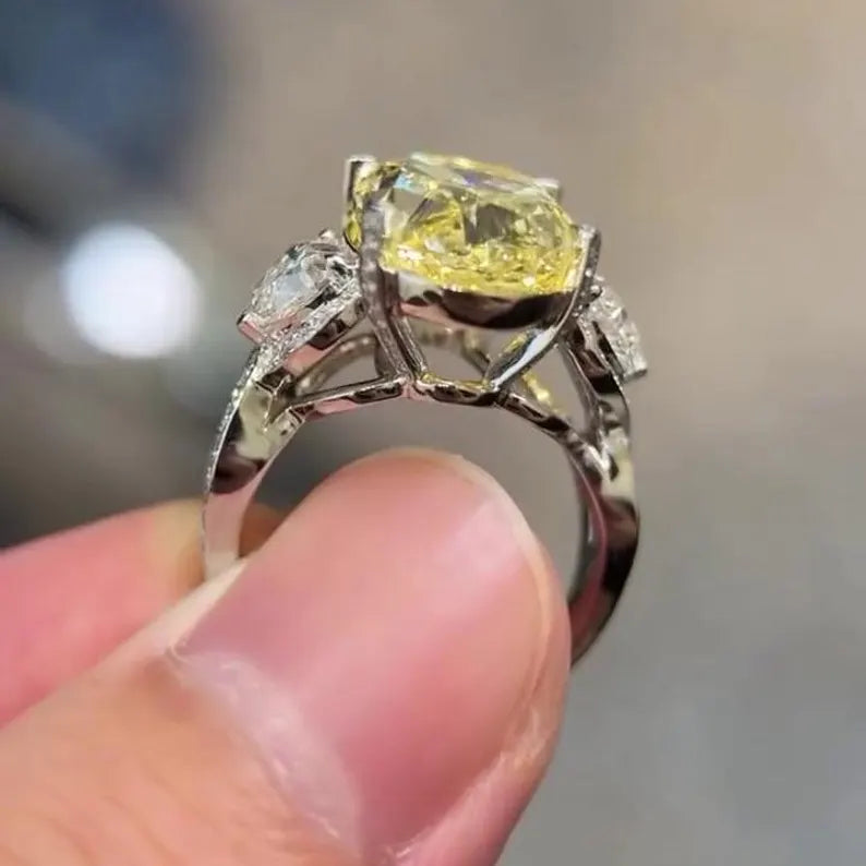 Oval Fancy Yellow 10.50tcw Lab Diamond Pave Ring | IGI | Three Stone | VVS–VS Clarity