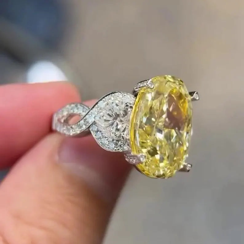 Oval Fancy Yellow 10.50tcw Lab Diamond Pave Ring | IGI | Three Stone | VVS–VS Clarity