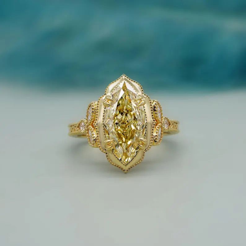 Marquise 3.60tcw Fancy Yellow Lab Diamond Engagement Ring | Vintage Cathedral | IGI Certified