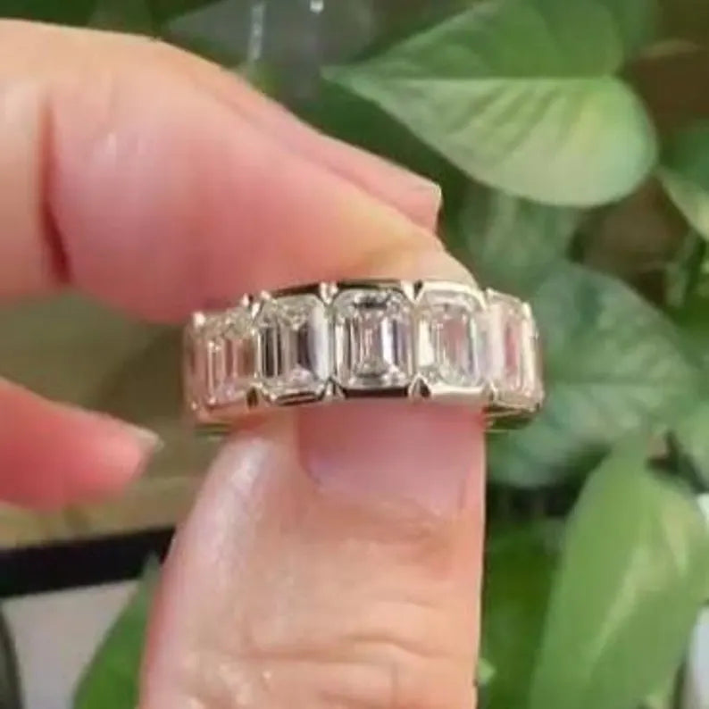 11.20tcw Emerald Lab Grown Diamond Ring | Half Bezel Set | D-E-F Color VVS-VS Clarity | IGI Certified | 10k 14k 18k Platinum Gold