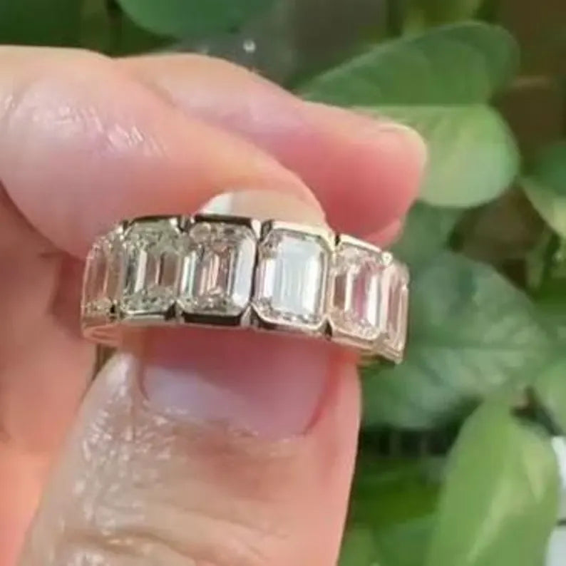 11.20tcw Emerald Lab Grown Diamond Ring | Half Bezel Set | D-E-F Color VVS-VS Clarity | IGI Certified | 10k 14k 18k Platinum Gold