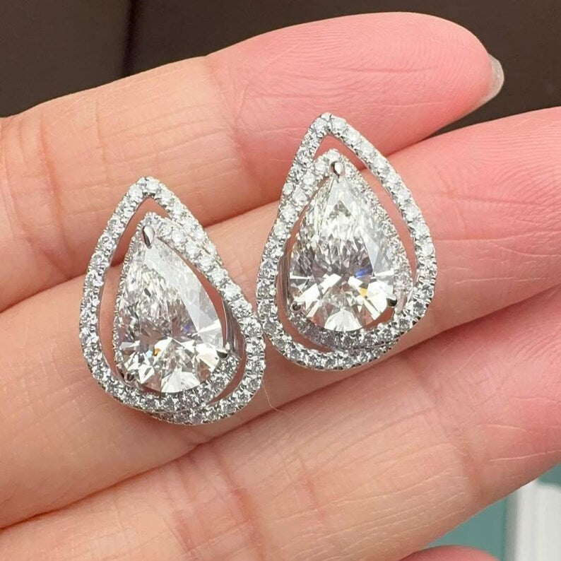 5.70tcw Pear Lab Grown Diamond Halo Earrings | D-E-F Color | VVS-VS Clarity | IGI Certified | Custom 10K/14K/18K/ Platinum Gold