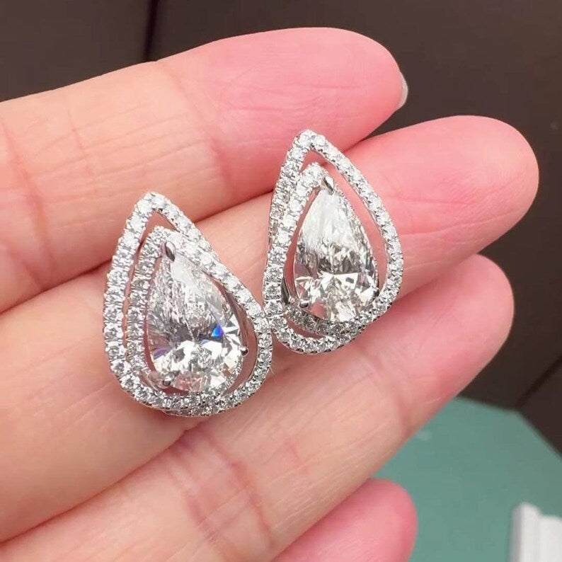 5.70tcw Pear Lab Grown Diamond Halo Earrings | D-E-F Color | VVS-VS Clarity | IGI Certified | Custom 10K/14K/18K/ Platinum Gold