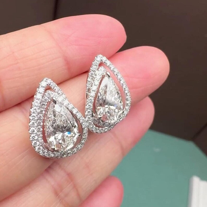 5.70tcw Pear Lab Grown Diamond Halo Earrings | D-E-F Color | VVS-VS Clarity | IGI Certified | Custom 10K/14K/18K/ Platinum Gold