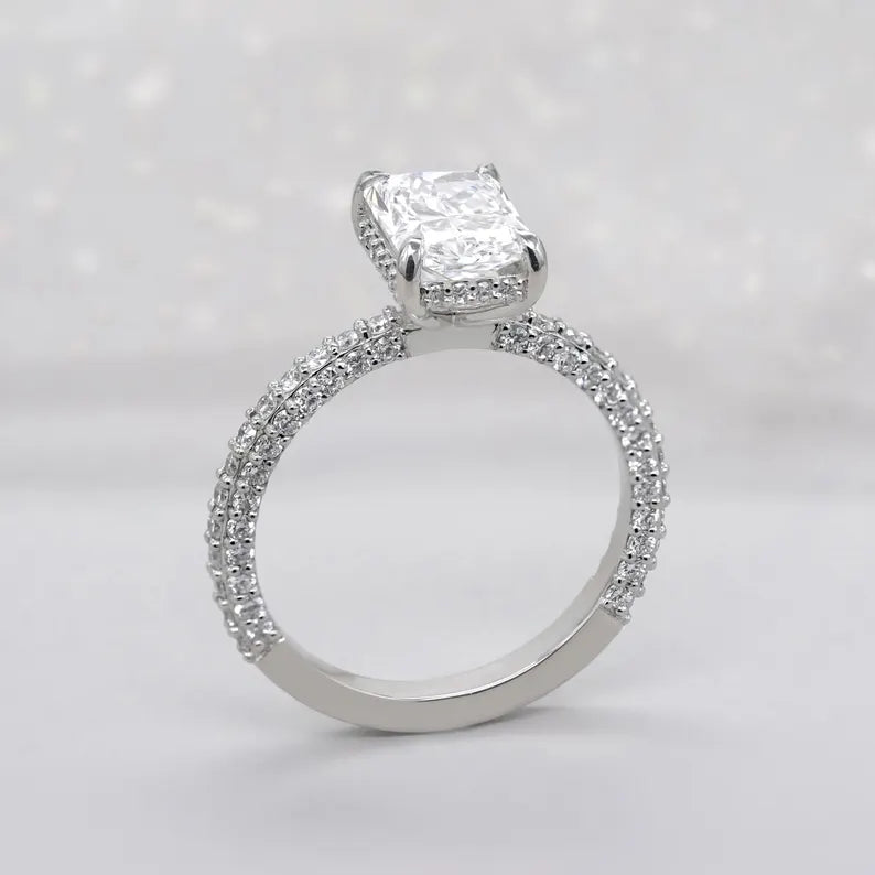 Radiant 3.50tcw Lab Grown Diamond Engagement Ring | Hidden Halo Pave Setting | D-E-F Color | VVS–VS Clarity | IGI Certified