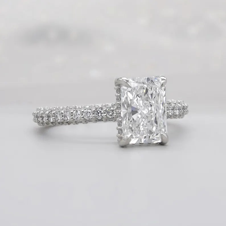 Radiant 3.50tcw Lab Grown Diamond Engagement Ring | Hidden Halo Pave Setting | D-E-F Color | VVS–VS Clarity | IGI Certified
