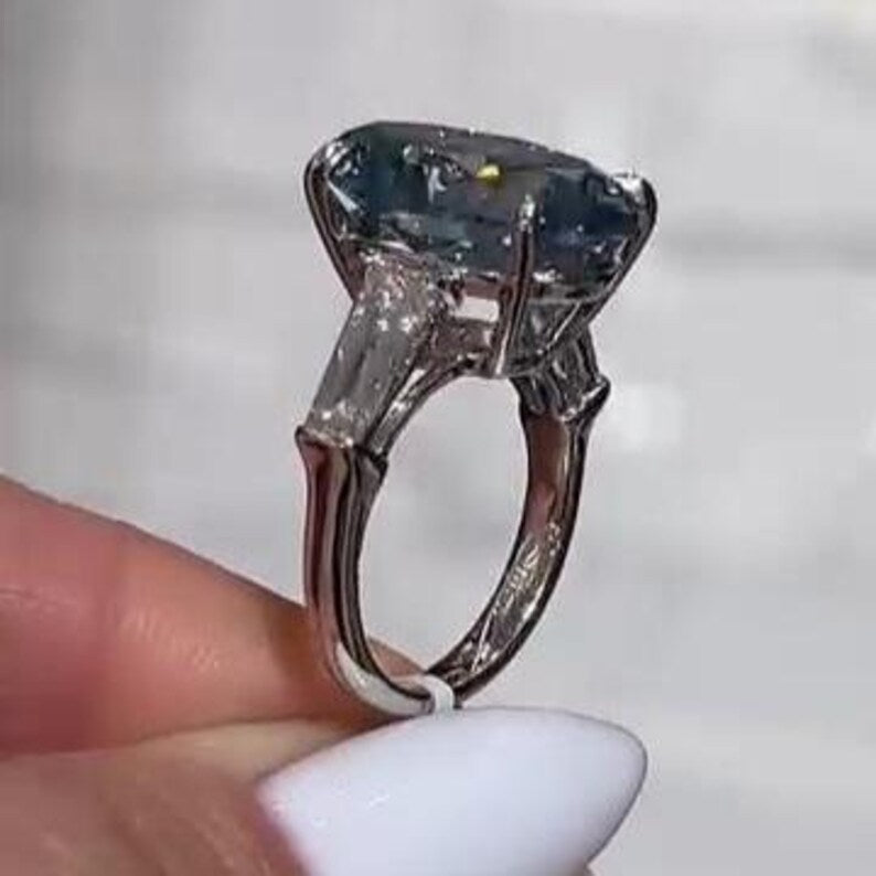 Oval Fancy Blue 8.50tcw Lab Diamond Ring | Three Stone Baguette Sides | Cathedral Shank | IGI Certified VVS–VS