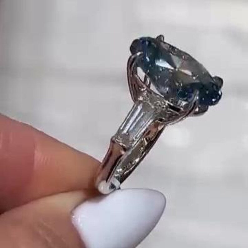 Oval Fancy Blue 8.50tcw Lab Diamond Ring | Three Stone Baguette Sides | Cathedral Shank | IGI Certified VVS–VS