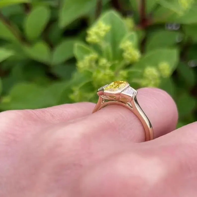 Fancy Yellow Emerald 1.50tcw Lab Grown Diamond Three Stone Ring | IGI Certified VVS–VS